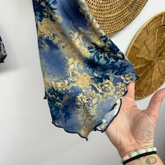 Vintage Y2K 2000s Fashion Bug Blue Tan Tie Neck Floral Flare Top Boho Fairy - Picture 6 of 8